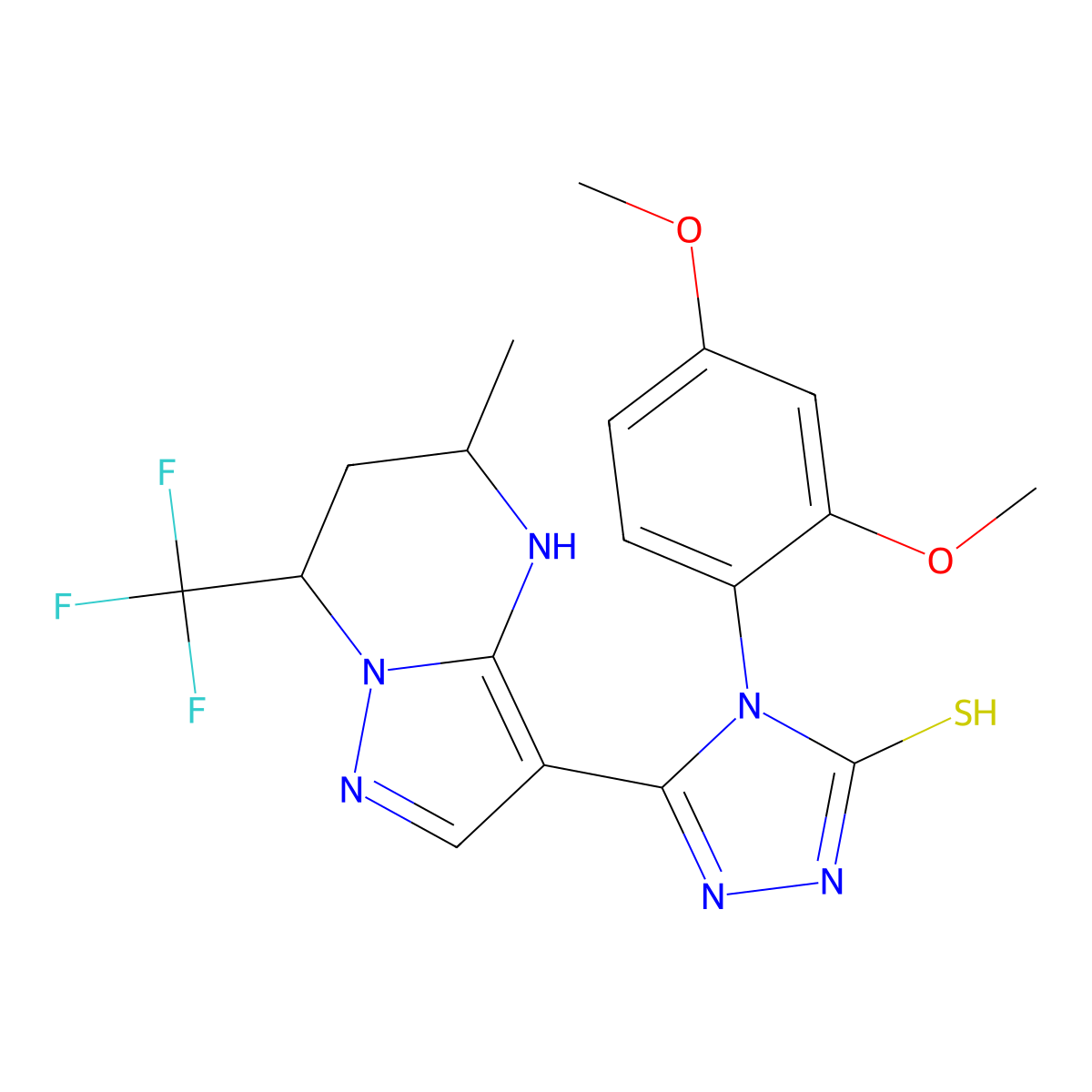 4-(2,4-dimethoxyphenyl)-5-(5-methyl-7-(trifluoromethyl)-4,5,6,7-tetrahydropyrazolo[1,5-a]pyrimidin-3-yl)-4H-1,2,4-triazole-3-thiol molecular structure, CAS 828280-51-9