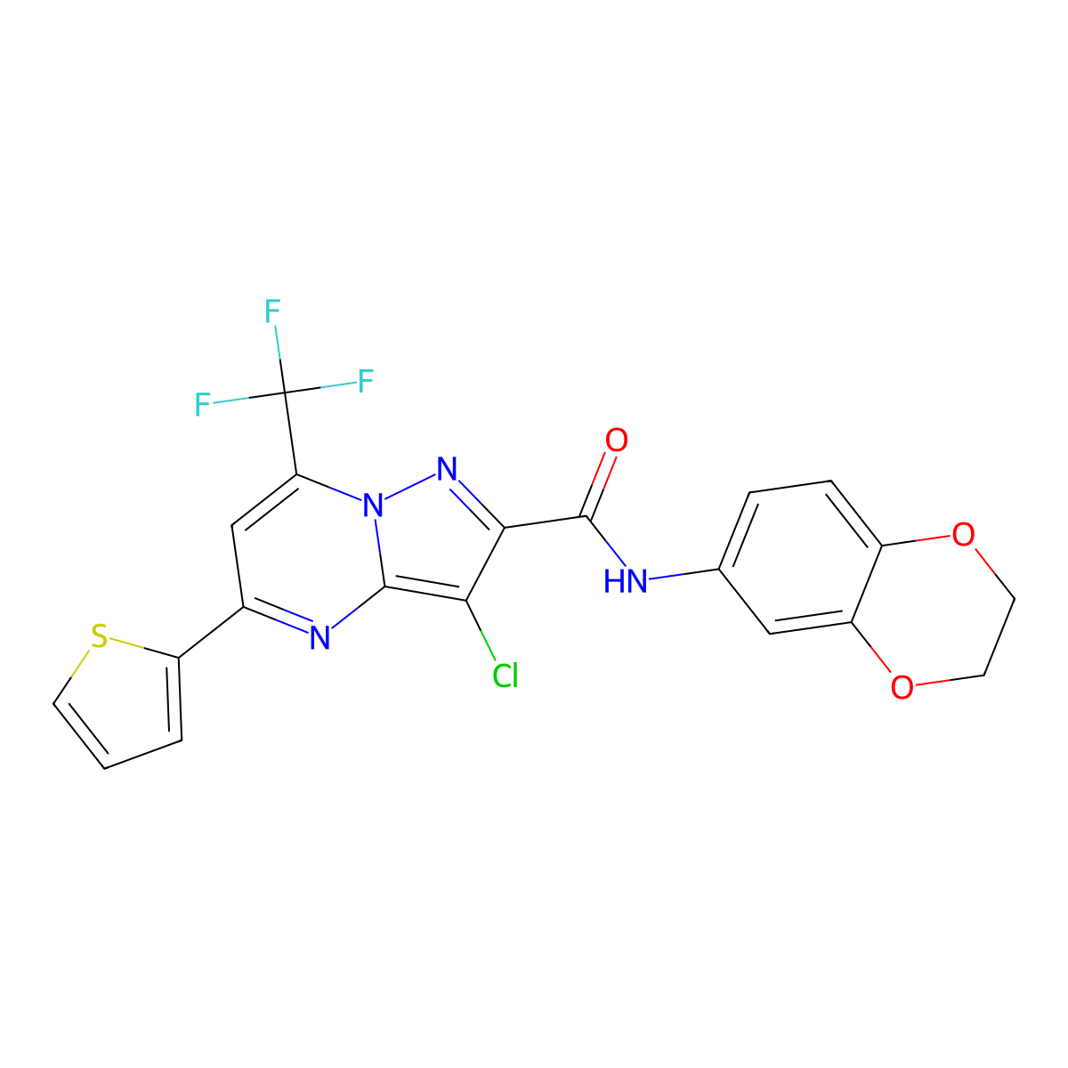 3-chloro-N-(2,3-dihydro-1,4-benzodioxin-6-yl)-5-(thiophen-2-yl)-7-(trifluoromethyl)pyrazolo[1,5-a]pyrimidine-2-carboxamide molecular structure, CAS 828280-75-7