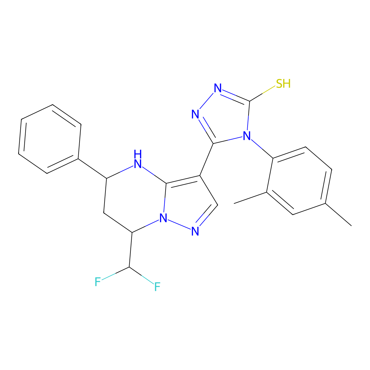 5-(7-(difluoromethyl)-5-phenyl-4,5,6,7-tetrahydropyrazolo[1,5-a]pyrimidin-3-yl)-4-(2,4-dimethylphenyl)-4H-1,2,4-triazole-3-thiol molecular structure, CAS 828280-86-0