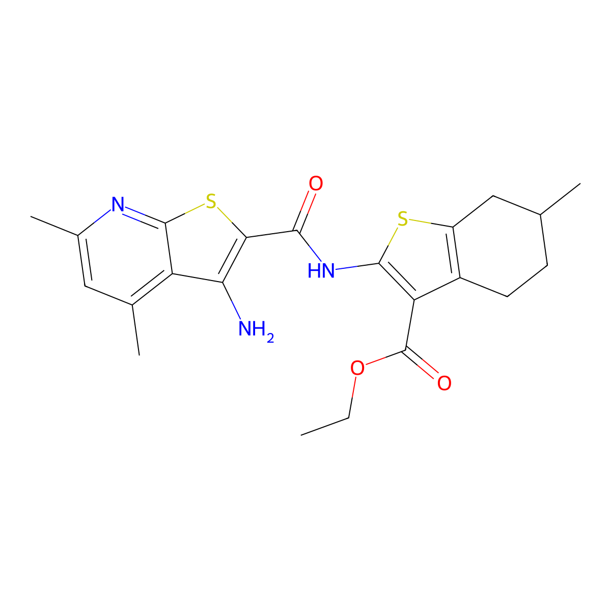 Ethyl 2-{[(3-amino-4,6-dimethylthieno[2,3-b]pyridin-2-yl)carbonyl]amino}-6-methyl-4,5,6,7-tetrahydro-1-benzothiophene-3-carboxylate molecular structure, CAS 828280-99-5