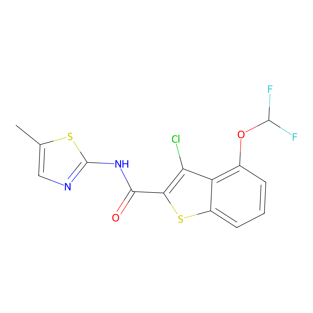 3-chloro-4-(difluoromethoxy)-N-(5-methyl-1,3-thiazol-2-yl)-1-benzothiophene-2-carboxamide molecular structure, CAS 828281-00-1