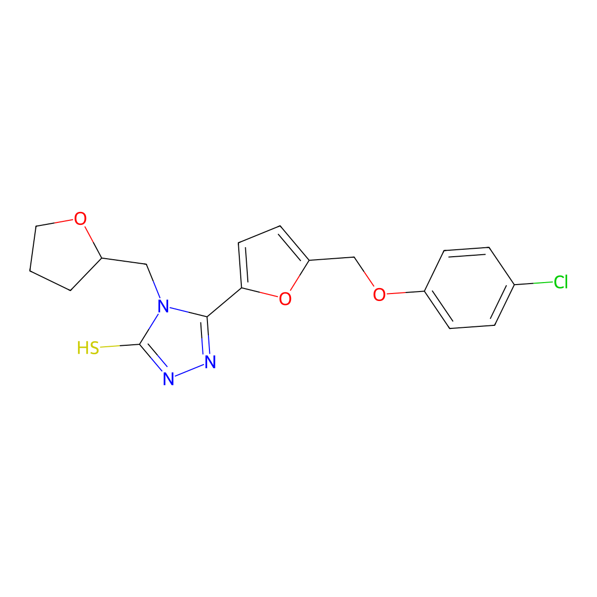 3-[5-[(4-chlorophenoxy)methyl]furan-2-yl]-4-(oxolan-2-ylmethyl)-1H-1,2,4-triazole-5-thione molecular structure, CAS 828281-13-6