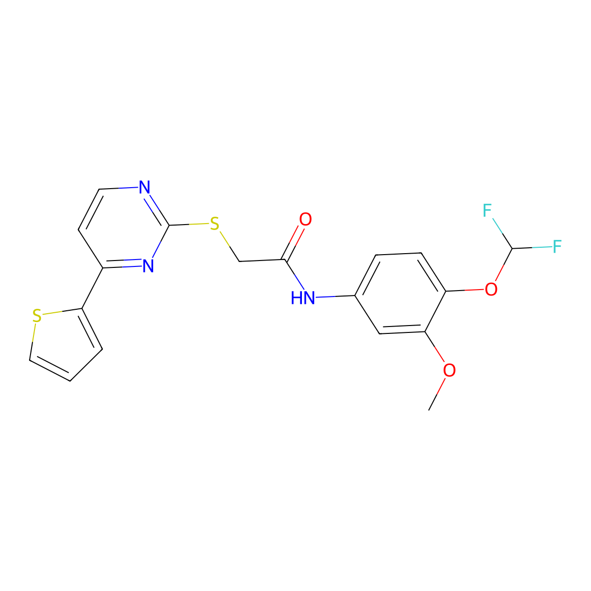 N-[4-(difluoromethoxy)-3-methoxyphenyl]-2-(4-thiophen-2-ylpyrimidin-2-yl)sulfanylacetamide molecular structure, CAS 828281-14-7