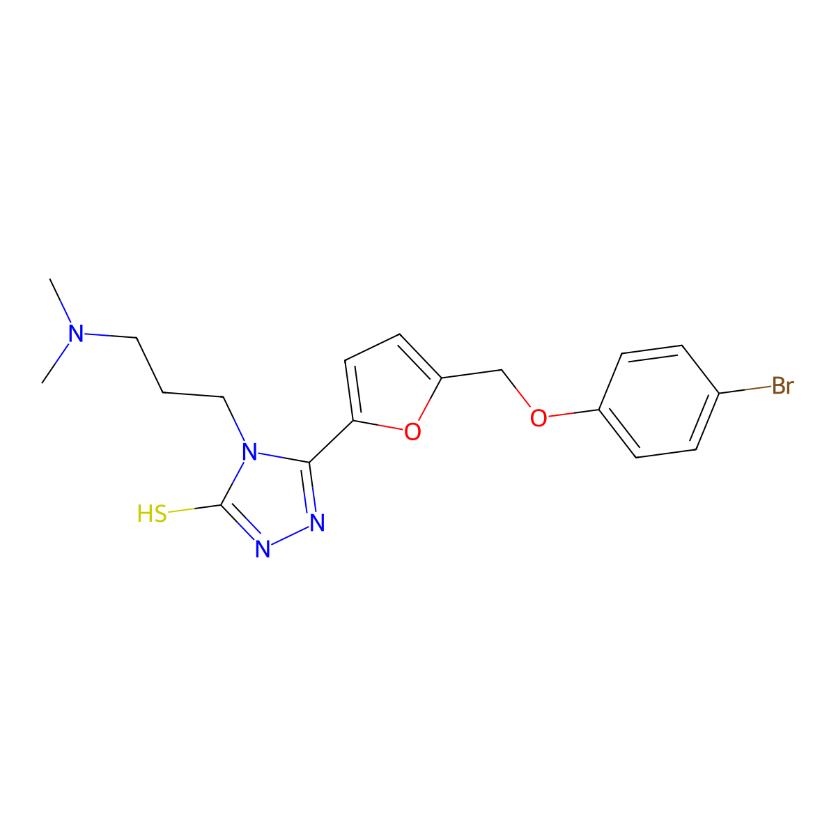 5-(5-((4-bromophenoxy)methyl)furan-2-yl)-4-(3-(dimethylamino)propyl)-4H-1,2,4-triazole-3-thiol molecular structure, CAS 828281-47-6