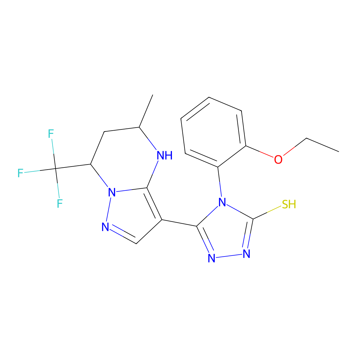4-(2-ethoxyphenyl)-5-(5-methyl-7-(trifluoromethyl)-4,5,6,7-tetrahydropyrazolo[1,5-a]pyrimidin-3-yl)-4H-1,2,4-triazole-3-thiol molecular structure, CAS 828281-72-7