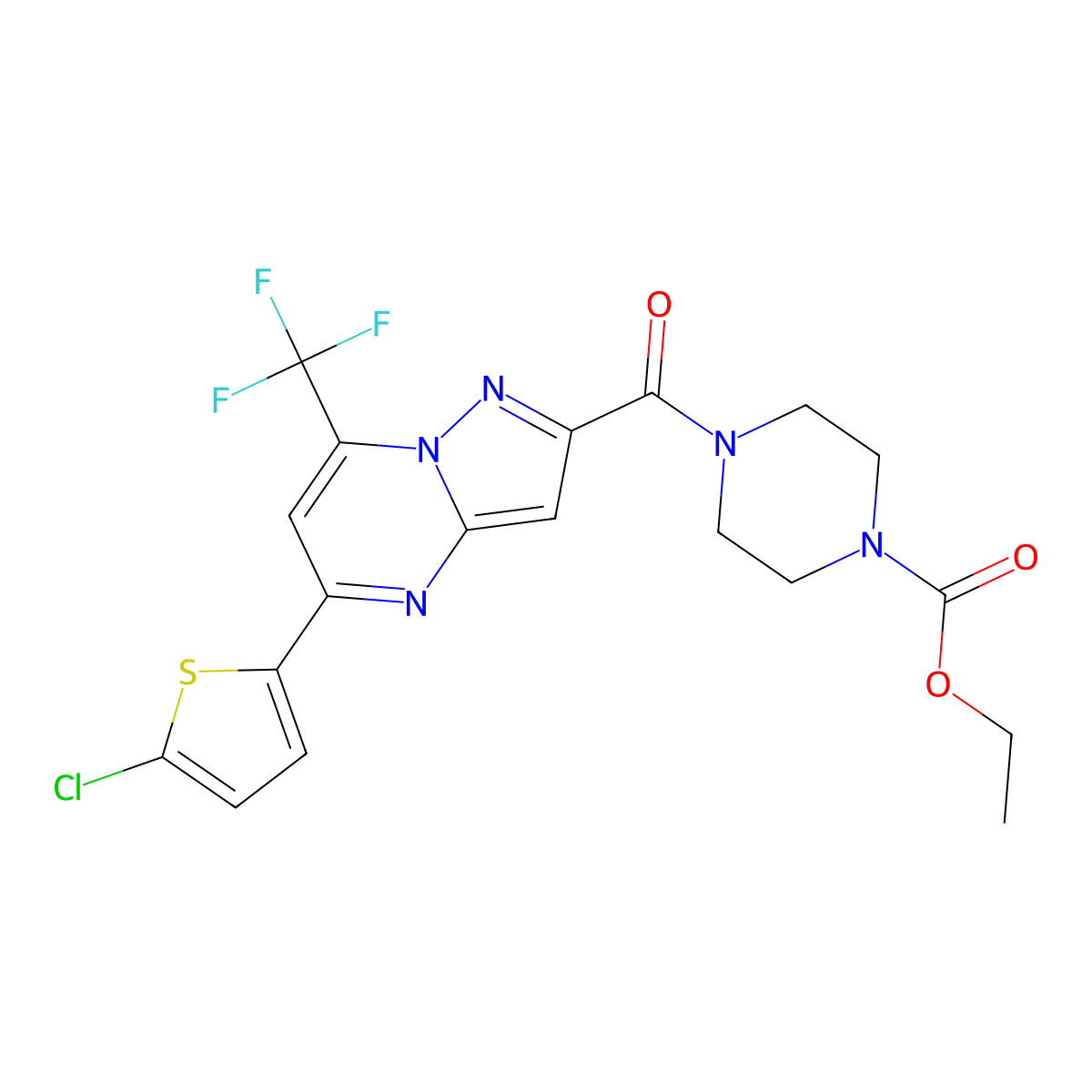 Ethyl 4-{[5-(5-chlorothiophen-2-yl)-7-(trifluoromethyl)pyrazolo[1,5-a]pyrimidin-2-yl]carbonyl}piperazine-1-carboxylate molecular structure, CAS 828281-90-9