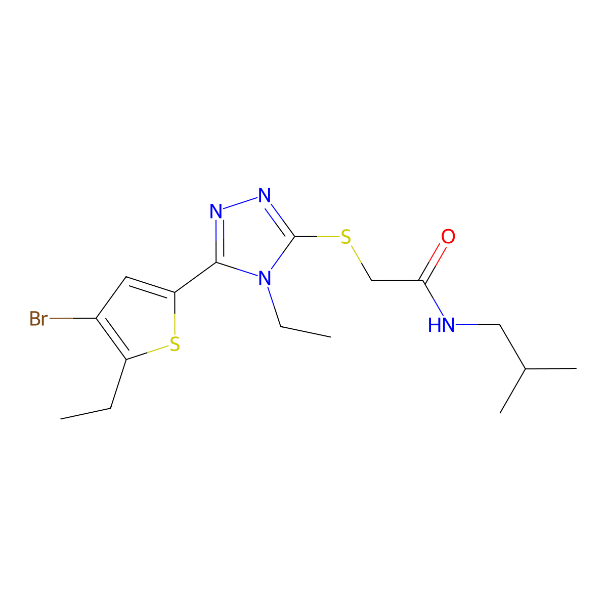 2-{[5-(4-bromo-5-ethylthiophen-2-yl)-4-ethyl-4H-1,2,4-triazol-3-yl]sulfanyl}-N-(2-methylpropyl)acetamide molecular structure, CAS 828282-06-0