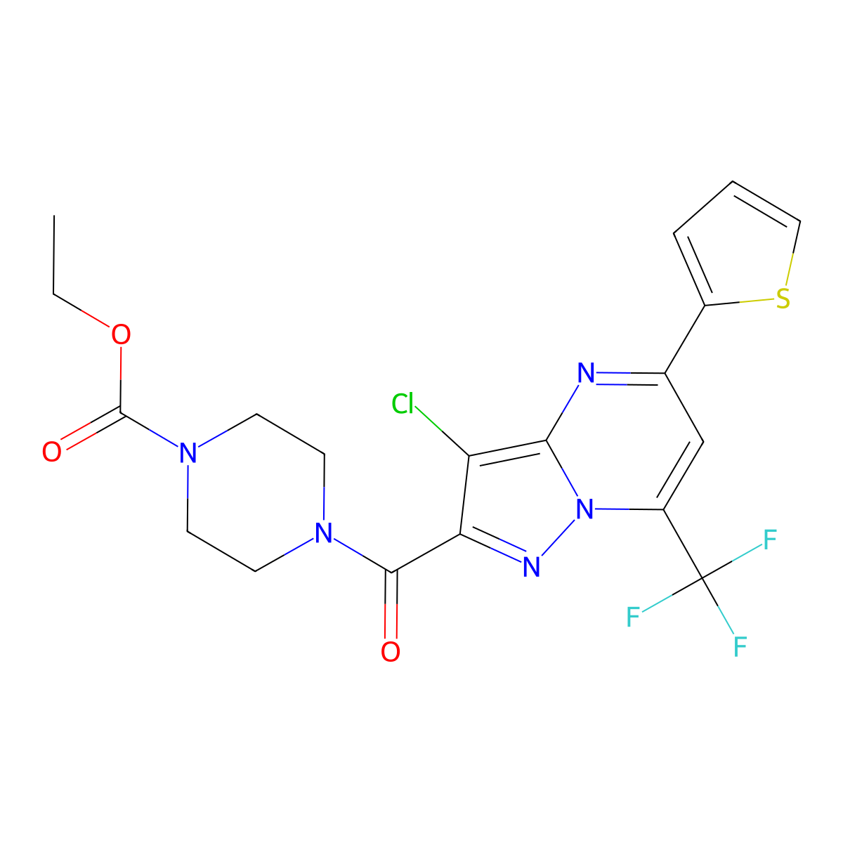Ethyl 4-{[3-chloro-5-(thiophen-2-yl)-7-(trifluoromethyl)pyrazolo[1,5-a]pyrimidin-2-yl]carbonyl}piperazine-1-carboxylate molecular structure, CAS 828283-88-1