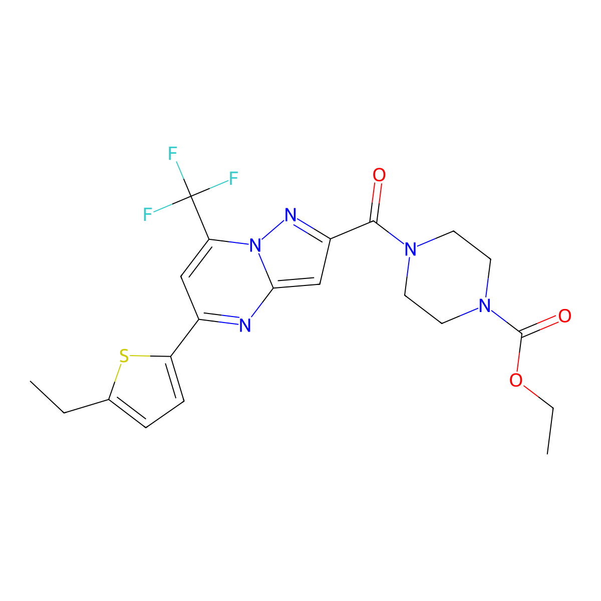Ethyl 4-{[5-(5-ethylthiophen-2-yl)-7-(trifluoromethyl)pyrazolo[1,5-a]pyrimidin-2-yl]carbonyl}piperazine-1-carboxylate molecular structure, CAS 828284-18-0