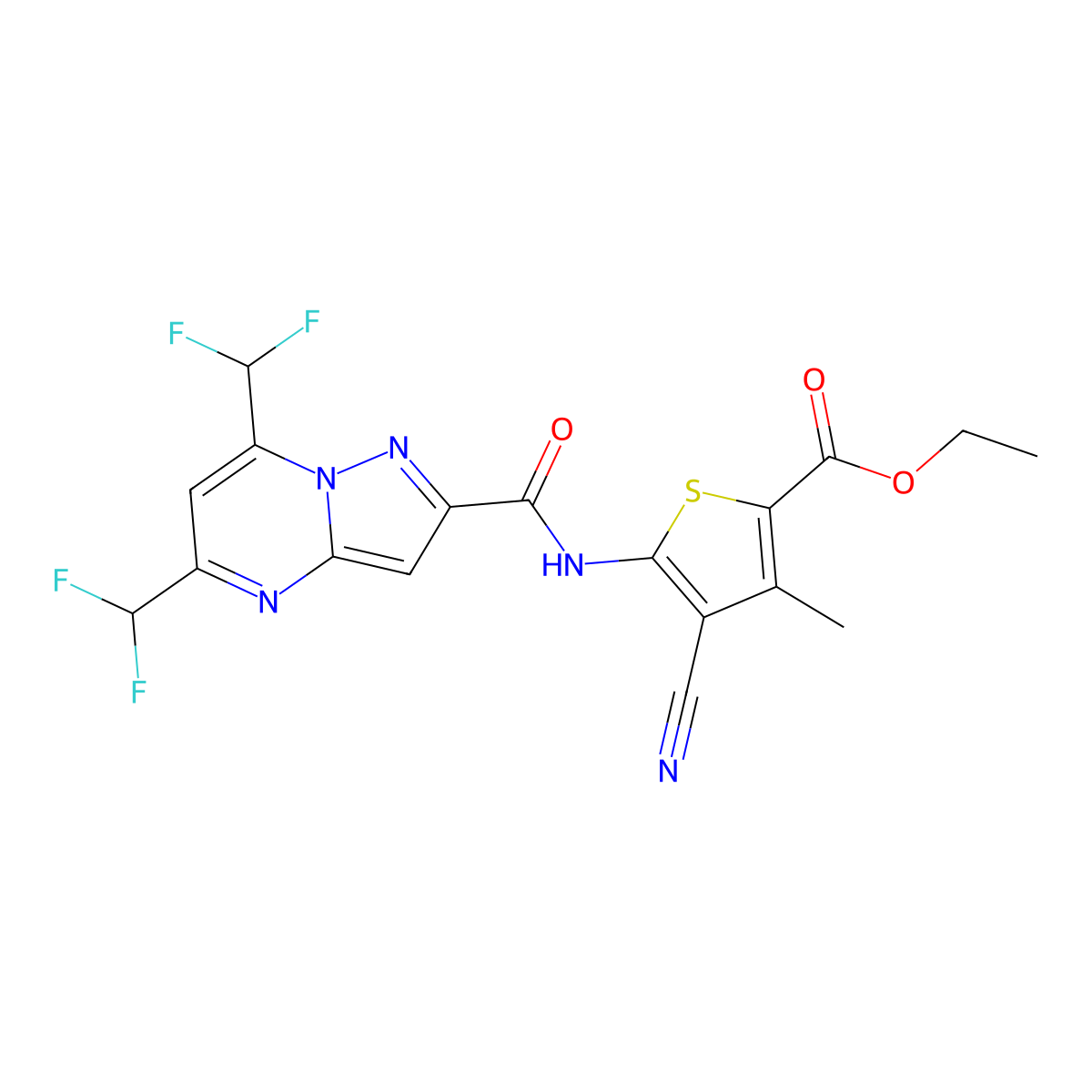Ethyl 5-({[5,7-bis(difluoromethyl)pyrazolo[1,5-a]pyrimidin-2-yl]carbonyl}amino)-4-cyano-3-methylthiophene-2-carboxylate molecular structure, CAS 828285-95-6