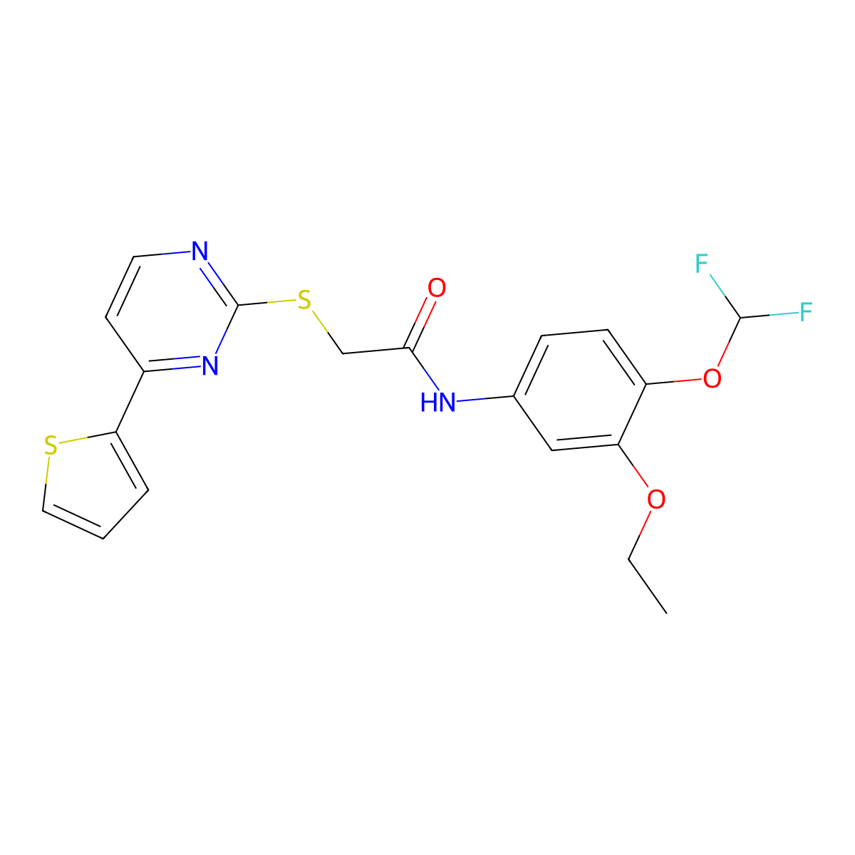 N-[4-(difluoromethoxy)-3-ethoxyphenyl]-2-(4-thiophen-2-ylpyrimidin-2-yl)sulfanylacetamide molecular structure, CAS 828286-33-5