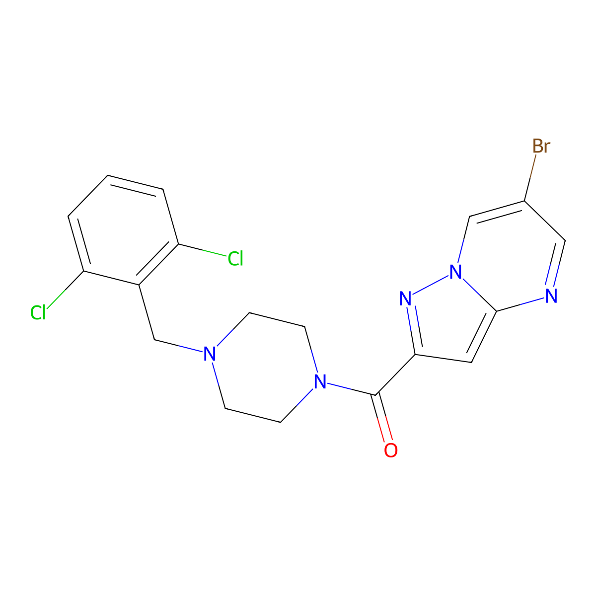 (6-Bromopyrazolo[1,5-a]pyrimidin-2-yl)[4-(2,6-dichlorobenzyl)piperazin-1-yl]methanone molecular structure, CAS 828287-06-5