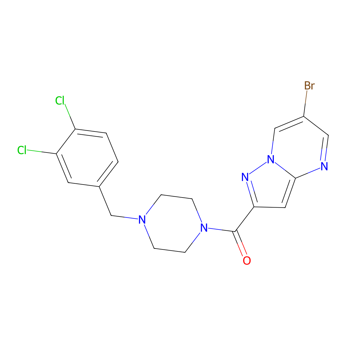 (6-Bromopyrazolo[1,5-a]pyrimidin-2-yl)[4-(3,4-dichlorobenzyl)piperazin-1-yl]methanone molecular structure, CAS 828287-47-4