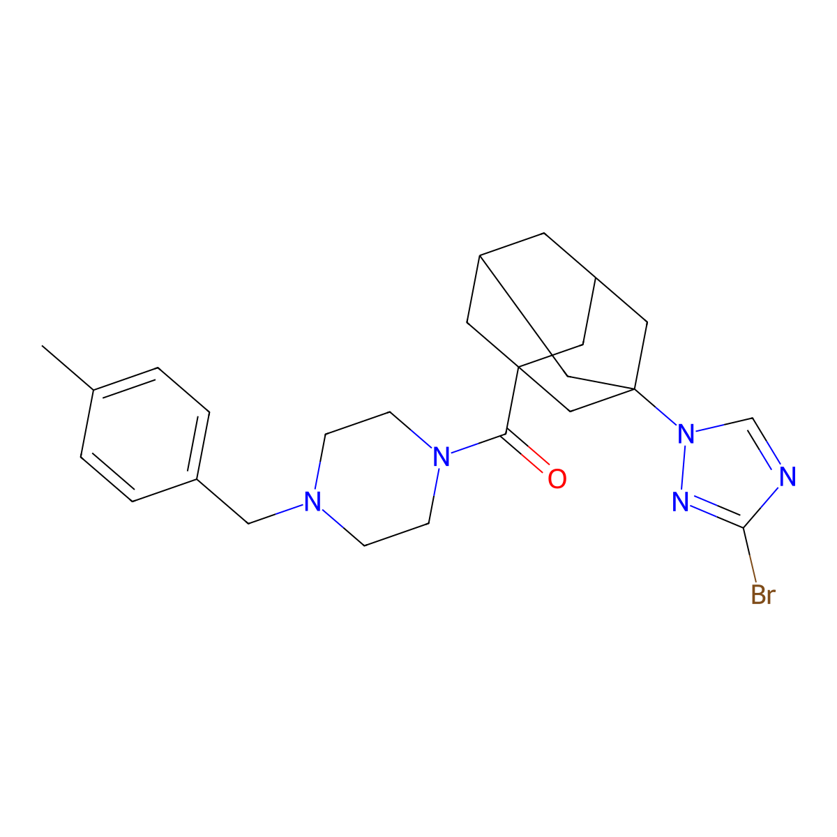 [3-(3-Bromo-1,2,4-triazol-1-yl)-1-adamantyl]-[4-[(4-methylphenyl)methyl]piperazin-1-yl]methanone molecular structure, CAS 828287-57-6