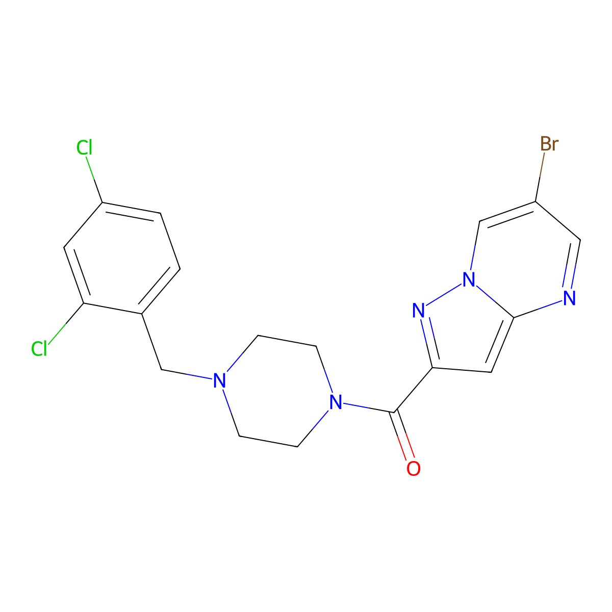(6-Bromopyrazolo[1,5-a]pyrimidin-2-yl)[4-(2,4-dichlorobenzyl)piperazin-1-yl]methanone molecular structure, CAS 828287-60-1