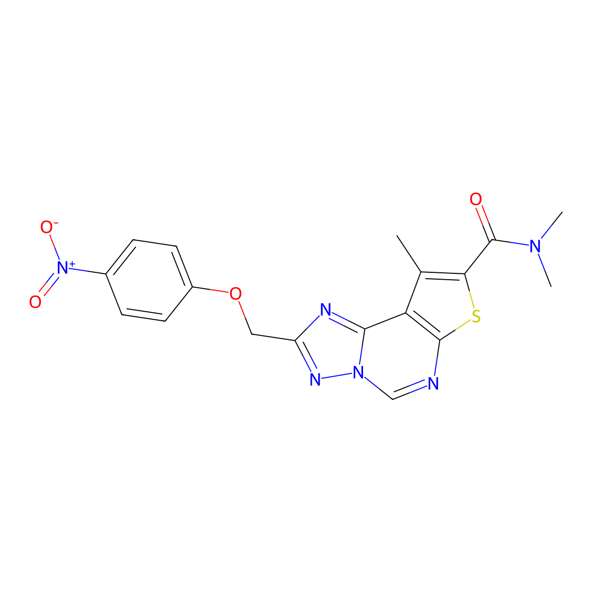 N,N,9-trimethyl-2-((4-nitrophenoxy)methyl)thieno[3,2-e][1,2,4]triazolo[1,5-c]pyrimidine-8-carboxamide molecular structure, CAS 828288-21-7