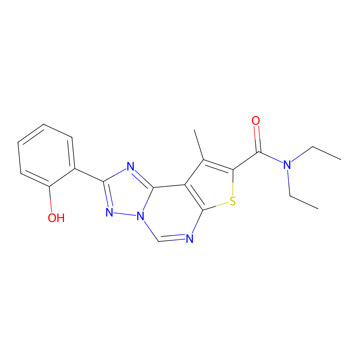 N,N-diethyl-2-(2-hydroxyphenyl)-9-methylthieno[3,2-e][1,2,4]triazolo[1,5-c]pyrimidine-8-carboxamide molecular structure, CAS 828290-57-9