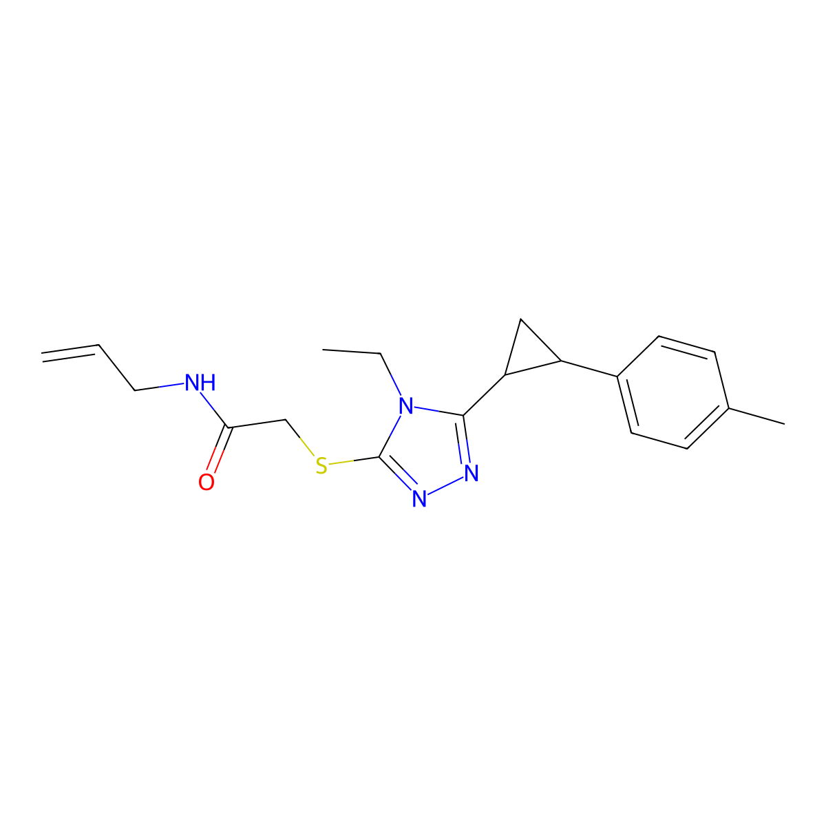 2-({4-ethyl-5-[2-(4-methylphenyl)cyclopropyl]-4H-1,2,4-triazol-3-yl}sulfanyl)-N-(prop-2-en-1-yl)acetamide molecular structure, CAS 828290-99-9