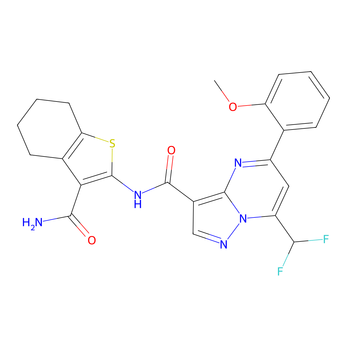 N-(3-carbamoyl-4,5,6,7-tetrahydro-1-benzothiophen-2-yl)-7-(difluoromethyl)-5-(2-methoxyphenyl)pyrazolo[1,5-a]pyrimidine-3-carboxamide molecular structure, CAS 828292-19-9