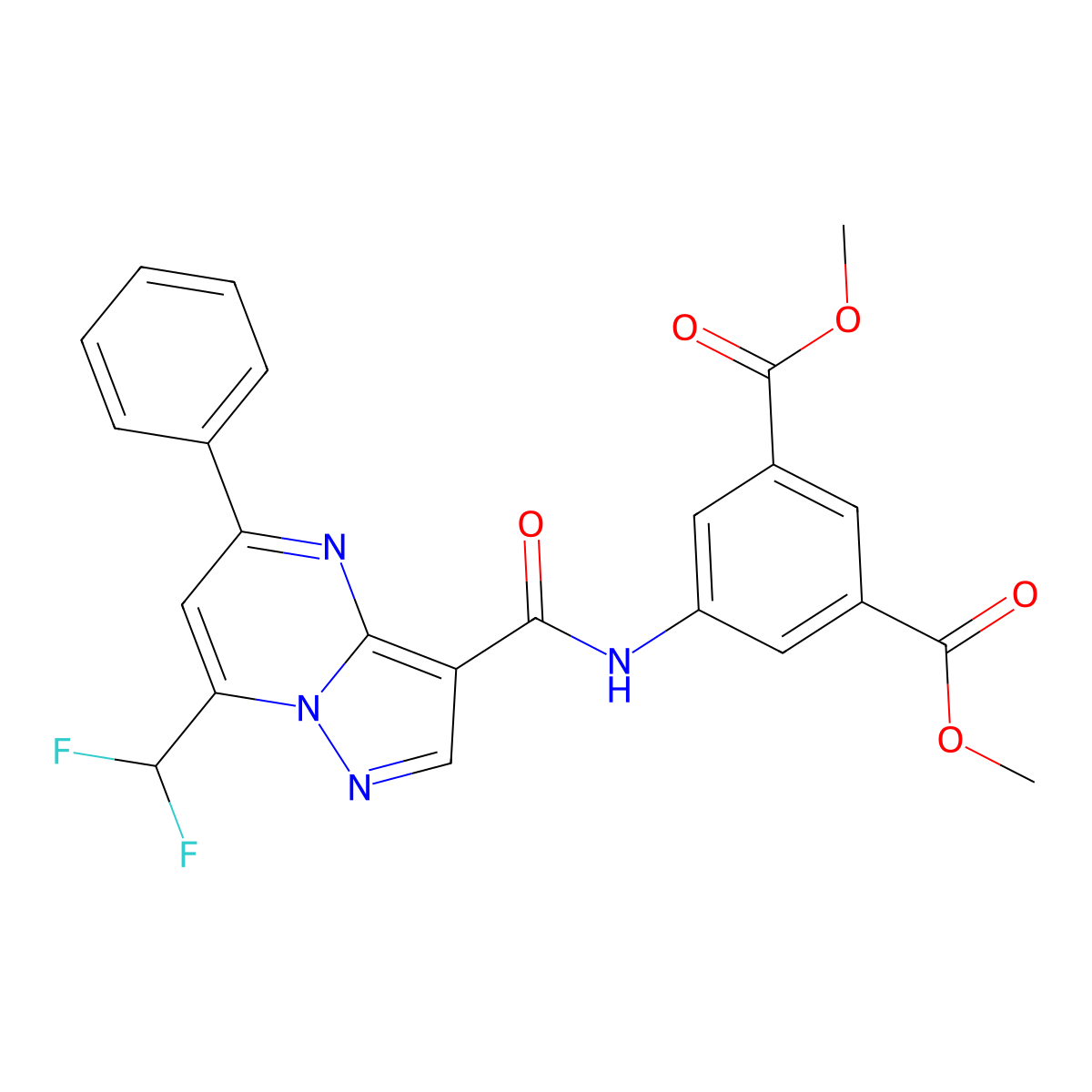 Dimethyl 5-({[7-(difluoromethyl)-5-phenylpyrazolo[1,5-a]pyrimidin-3-yl]carbonyl}amino)benzene-1,3-dicarboxylate molecular structure, CAS 828292-42-8