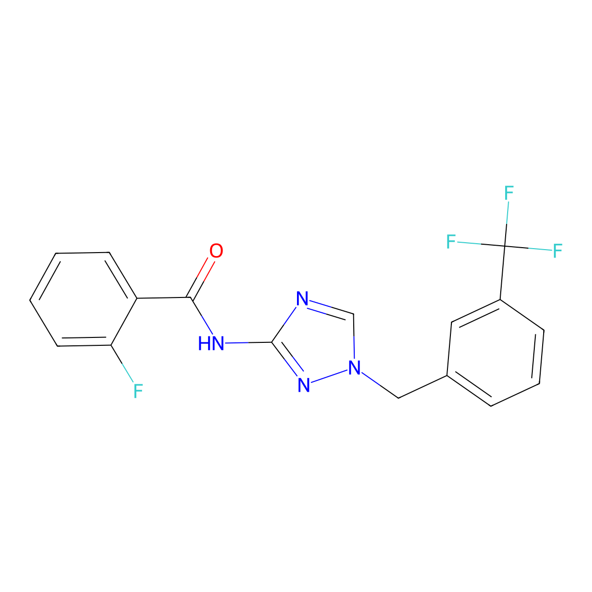 2-fluoro-N-[1-[[3-(trifluoromethyl)phenyl]methyl]-1,2,4-triazol-3-yl]benzamide molecular structure, CAS 828293-08-9