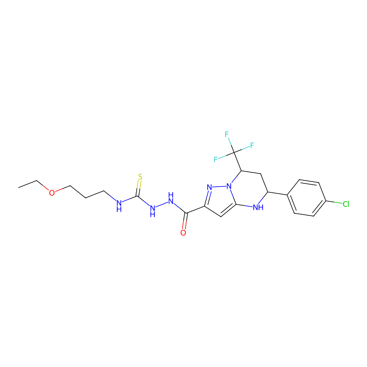 2-{[5-(4-chlorophenyl)-7-(trifluoromethyl)-4,5,6,7-tetrahydropyrazolo[1,5-a]pyrimidin-2-yl]carbonyl}-N-(3-ethoxypropyl)hydrazinecarbothioamide molecular structure, CAS 828295-76-7