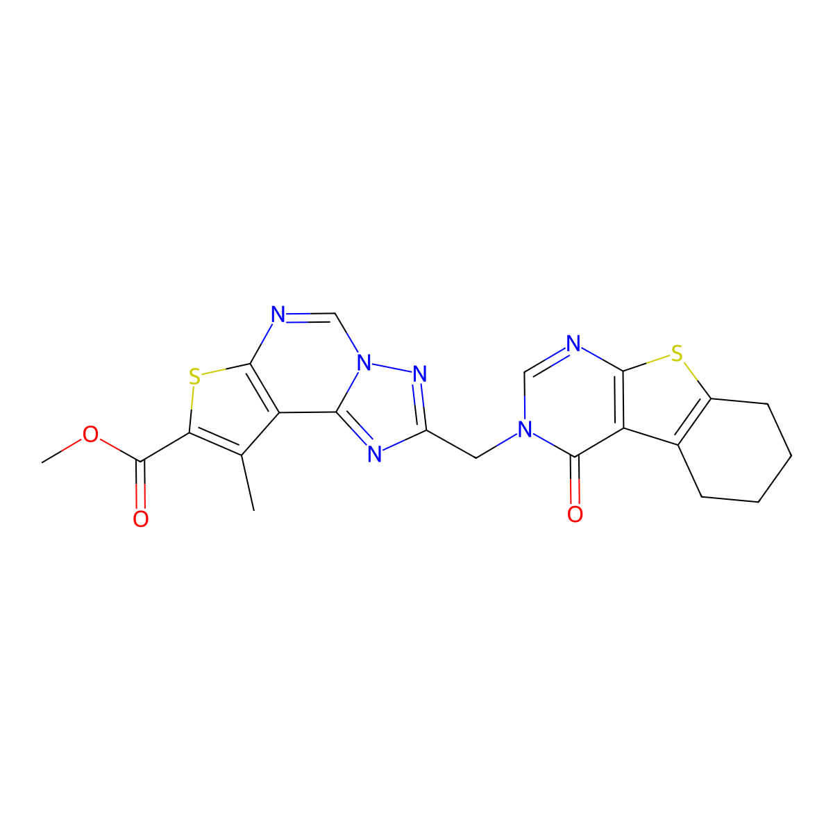 Methyl 9-methyl-2-{[4-oxo-5,6,7,8-tetrahydro[1]benzothieno[2,3-D]pyrimidin-3(4H)-YL]methyl}thieno[3,2-E][1,2,4]triazolo[1,5-C]pyrimidine-8-carboxylate molecular structure, CAS 828298-34-6