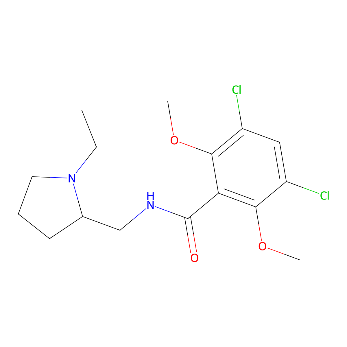 Benzamide, 3,5-dichloro-2,6-dimethoxy-N-(1-ethyl-2-pyrrolidinylmethyl)- molecular structure, CAS 82935-26-0