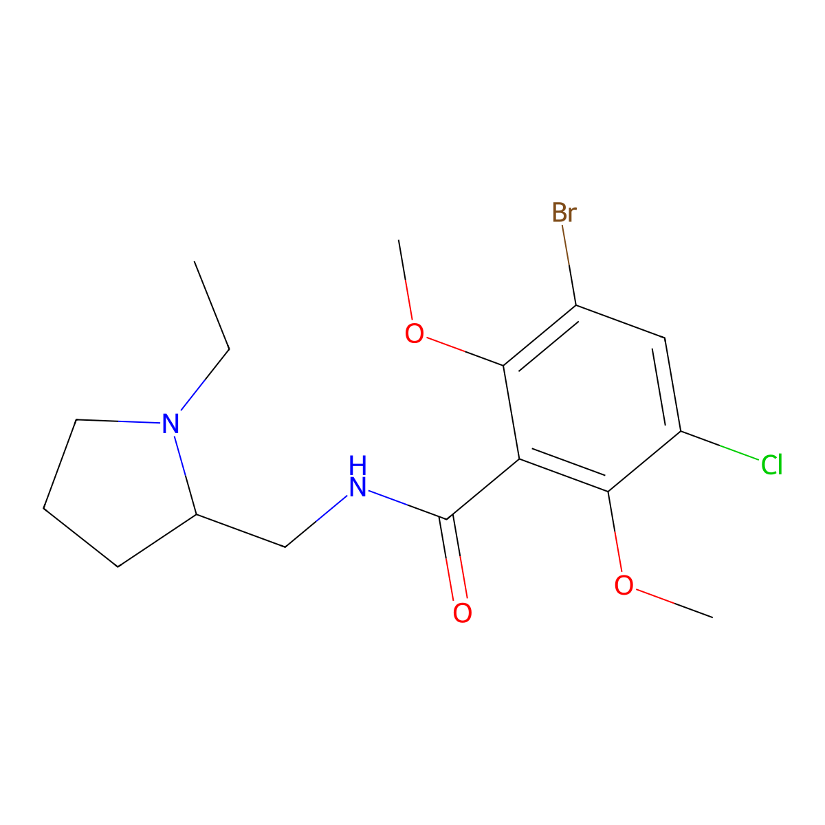 Benzamide, 3-bromo-5-chloro-2,6-dimethoxy-N-(1-ethyl-2-pyrrolidinylmethyl)- molecular structure, CAS 82935-27-1