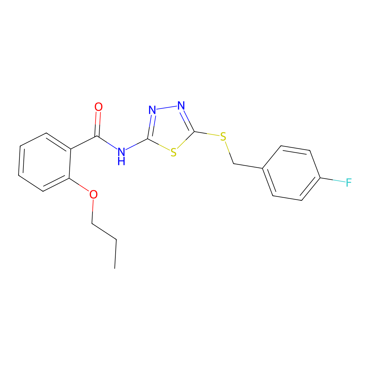 N-[5-[(4-fluorophenyl)methylsulfanyl]-1,3,4-thiadiazol-2-yl]-2-propoxybenzamide molecular structure, CAS 830338-28-8
