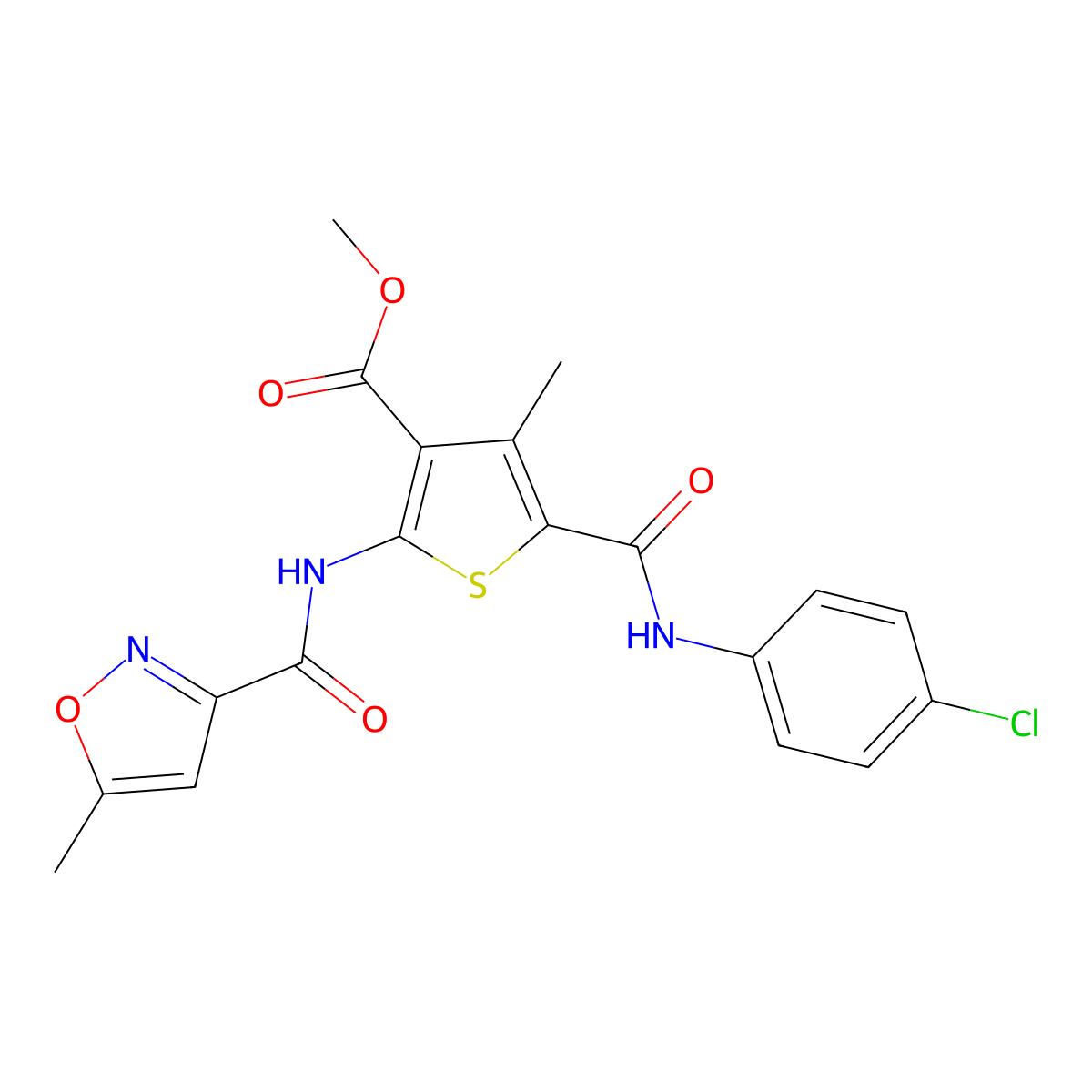 Methyl 5-[(4-chlorophenyl)carbamoyl]-4-methyl-2-{[(5-methyl-1,2-oxazol-3-yl)carbonyl]amino}thiophene-3-carboxylate molecular structure, CAS 830339-37-2