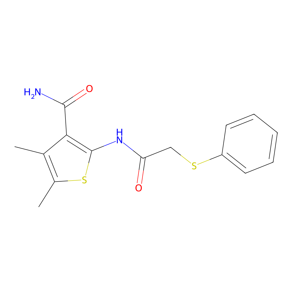 4,5-Dimethyl-2-(2-phenylthioacetylamino)thiophene-3-carboxamide molecular structure, CAS 830340-02-8