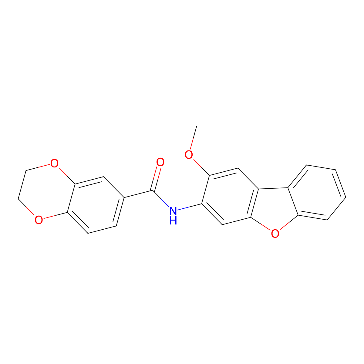 N-(2-methoxydibenzofuran-3-yl)-2,3-dihydro-1,4-benzodioxine-6-carboxamide molecular structure, CAS 830341-44-1