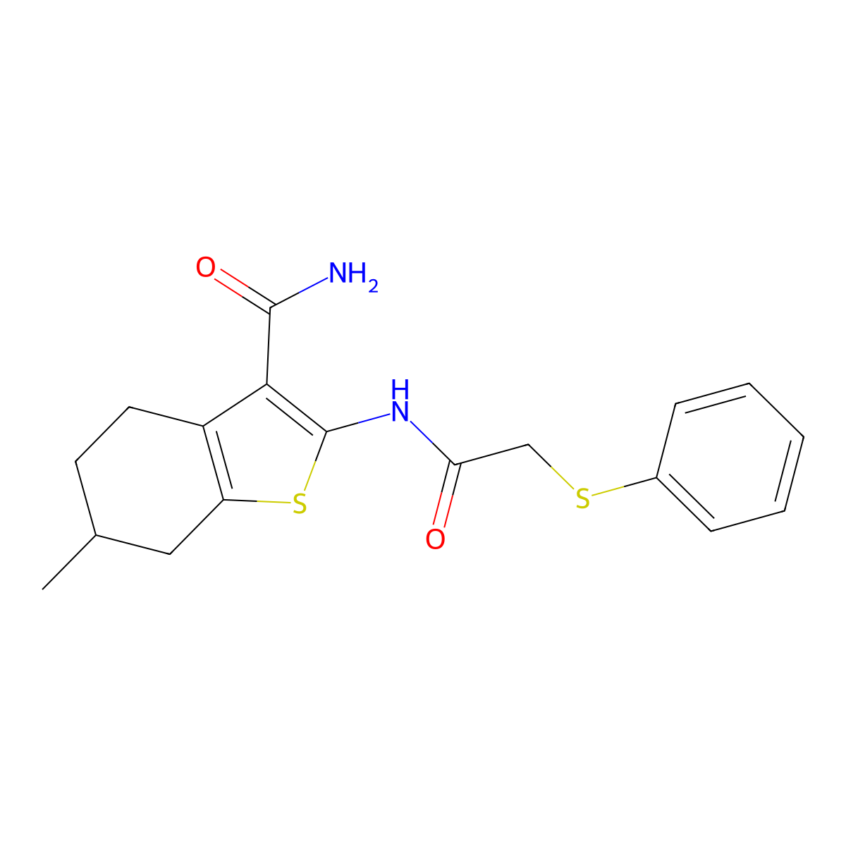 6-Methyl-2-{[(phenylsulfanyl)acetyl]amino}-4,5,6,7-tetrahydro-1-benzothiophene-3-carboxamide molecular structure, CAS 830342-26-2