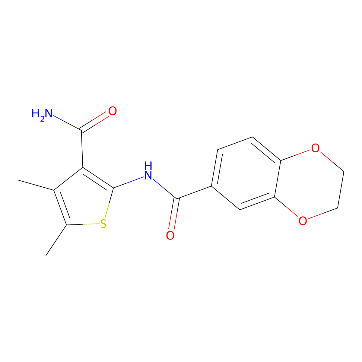 N-(3-carbamoyl-4,5-dimethylthiophen-2-yl)-2,3-dihydro-1,4-benzodioxine-6-carboxamide molecular structure, CAS 830342-93-3