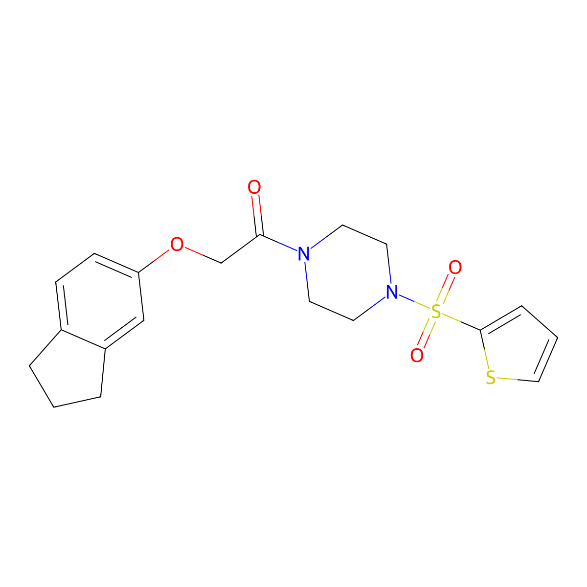 2-(2,3-dihydro-1H-inden-5-yloxy)-1-(4-thiophen-2-ylsulfonylpiperazin-1-yl)ethanone molecular structure, CAS 830343-63-0