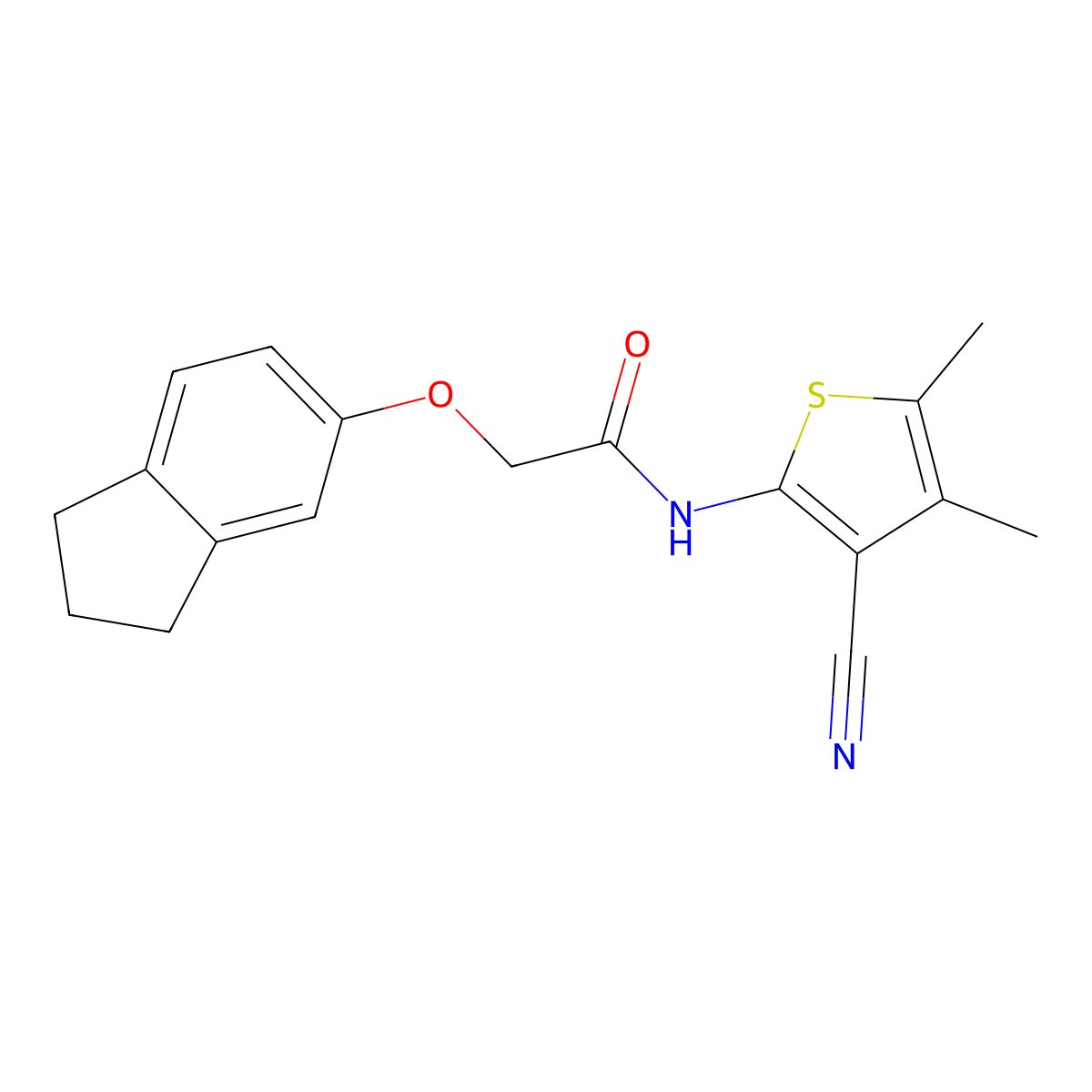 N-(3-cyano-4,5-dimethylthiophen-2-yl)-2-(2,3-dihydro-1H-inden-5-yloxy)acetamide molecular structure, CAS 830343-71-0