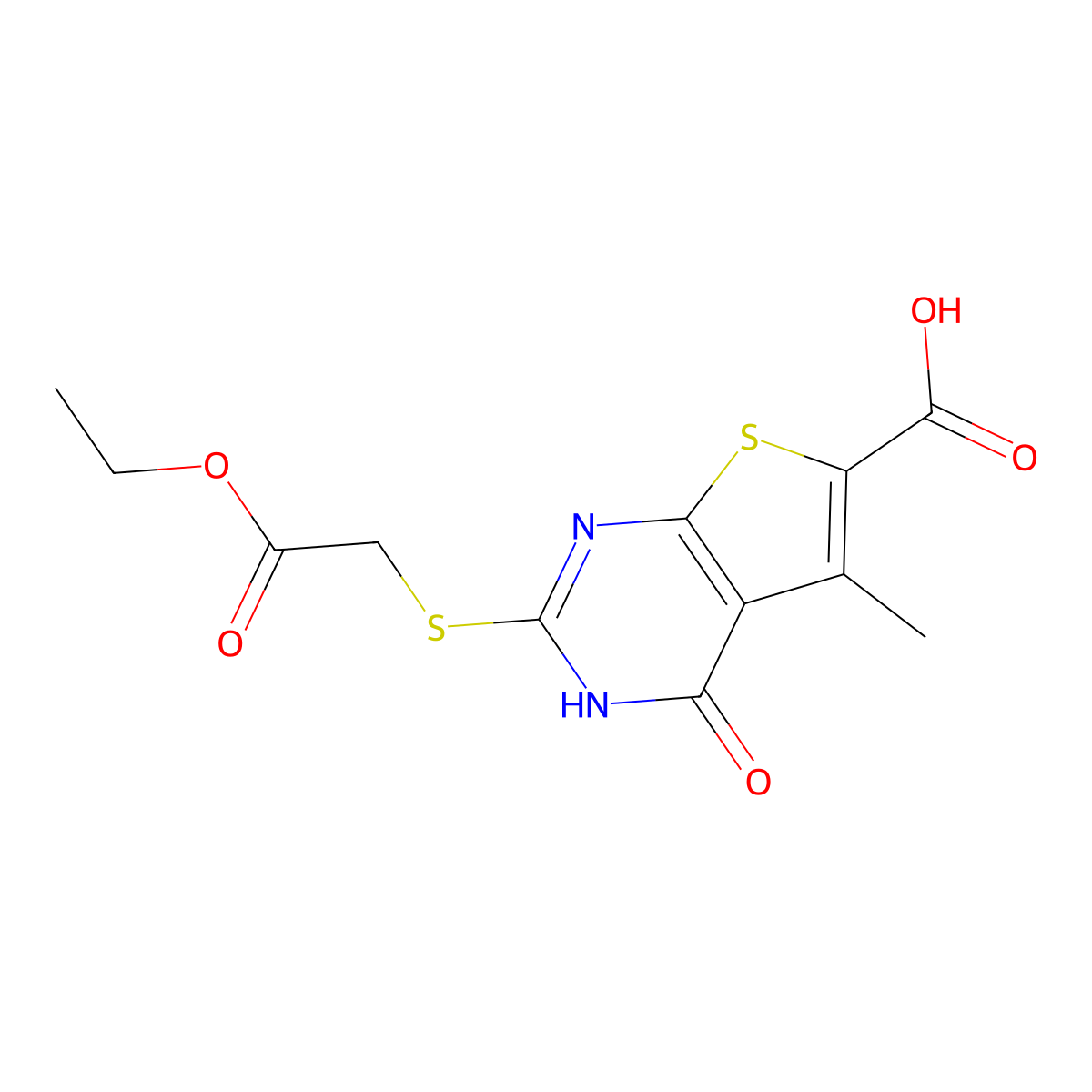 2-(2-ethoxy-2-oxoethyl)sulfanyl-5-methyl-4-oxo-3H-thieno[2,3-d]pyrimidine-6-carboxylic acid molecular structure, CAS 830344-20-2