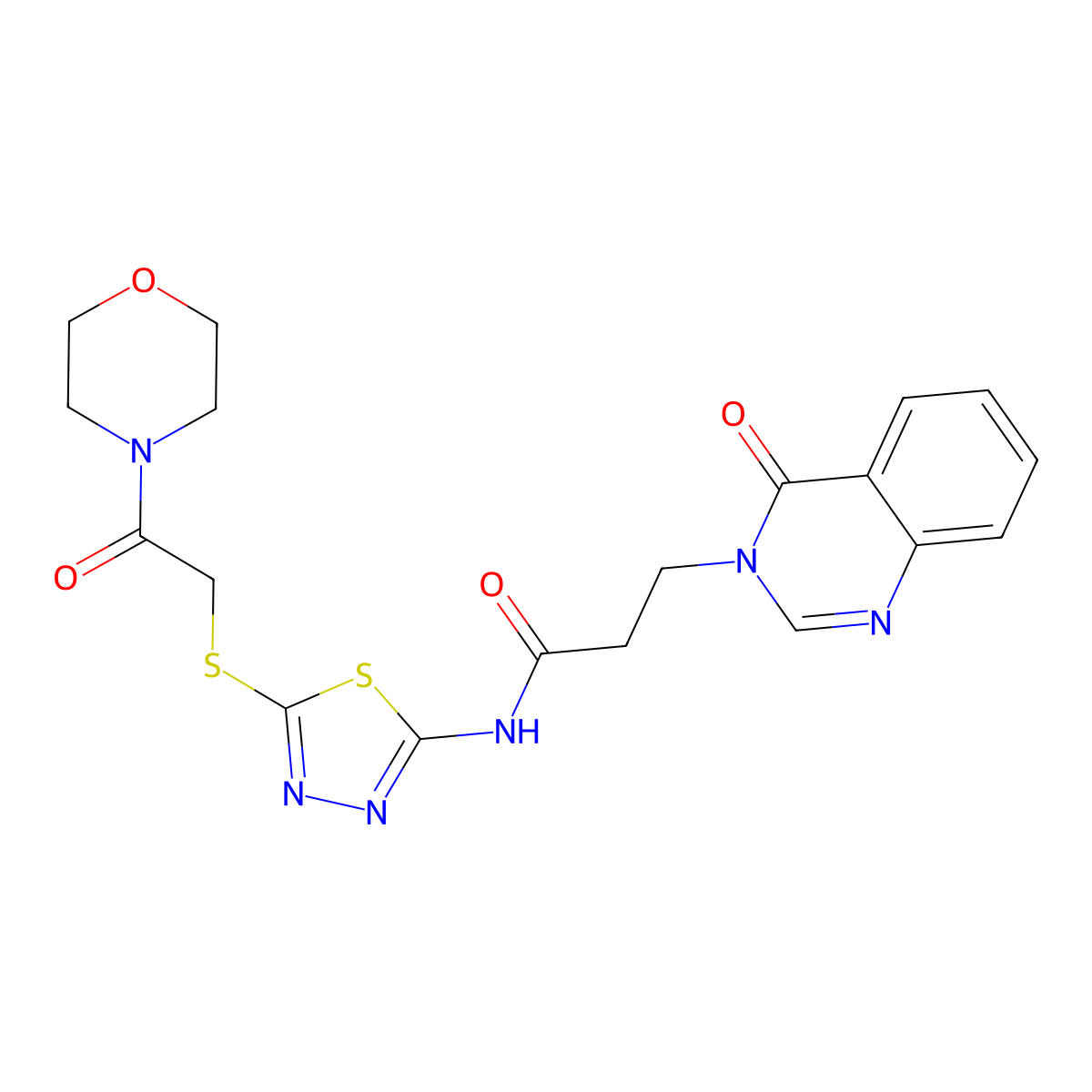 N-[5-(2-morpholin-4-yl-2-oxoethyl)sulfanyl-1,3,4-thiadiazol-2-yl]-3-(4-oxoquinazolin-3-yl)propanamide molecular structure, CAS 830344-53-1