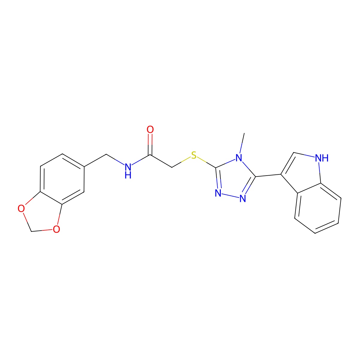 N-(1,3-benzodioxol-5-ylmethyl)-2-{[5-(1H-indol-3-yl)-4-methyl-4H-1,2,4-triazol-3-yl]thio}acetamide molecular structure, CAS 830344-81-5
