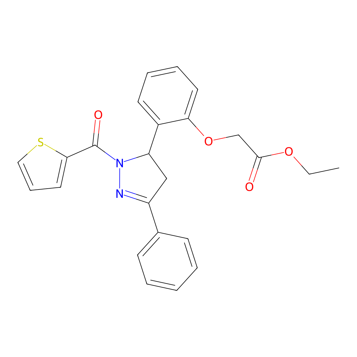 Ethyl 2-[2-[5-phenyl-2-(thiophene-2-carbonyl)-3,4-dihydropyrazol-3-yl]phenoxy]acetate molecular structure, CAS 830344-94-0
