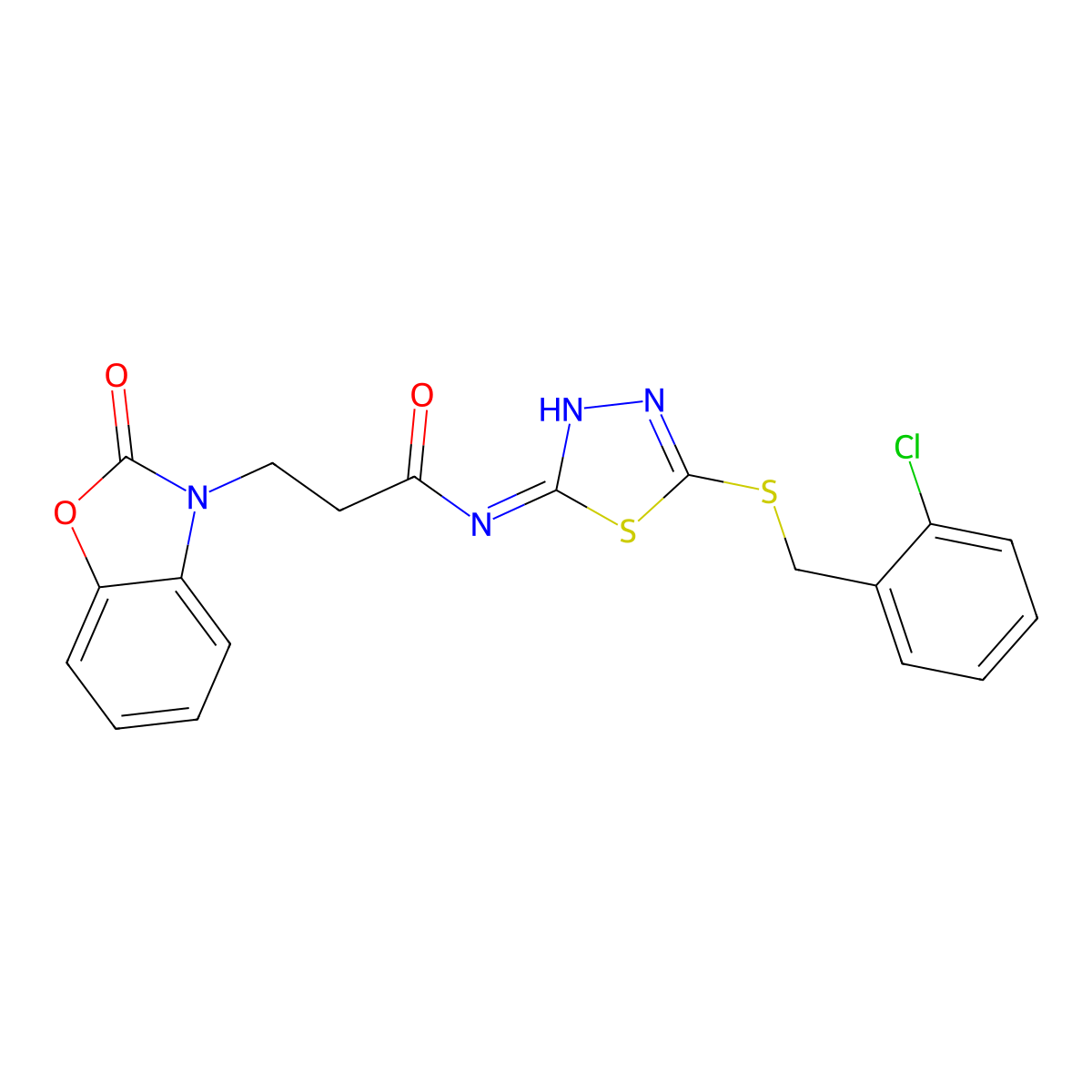 N-[5-[(2-chlorophenyl)methylsulfanyl]-1,3,4-thiadiazol-2-yl]-3-(2-oxo-1,3-benzoxazol-3-yl)propanamide molecular structure, CAS 830345-12-5