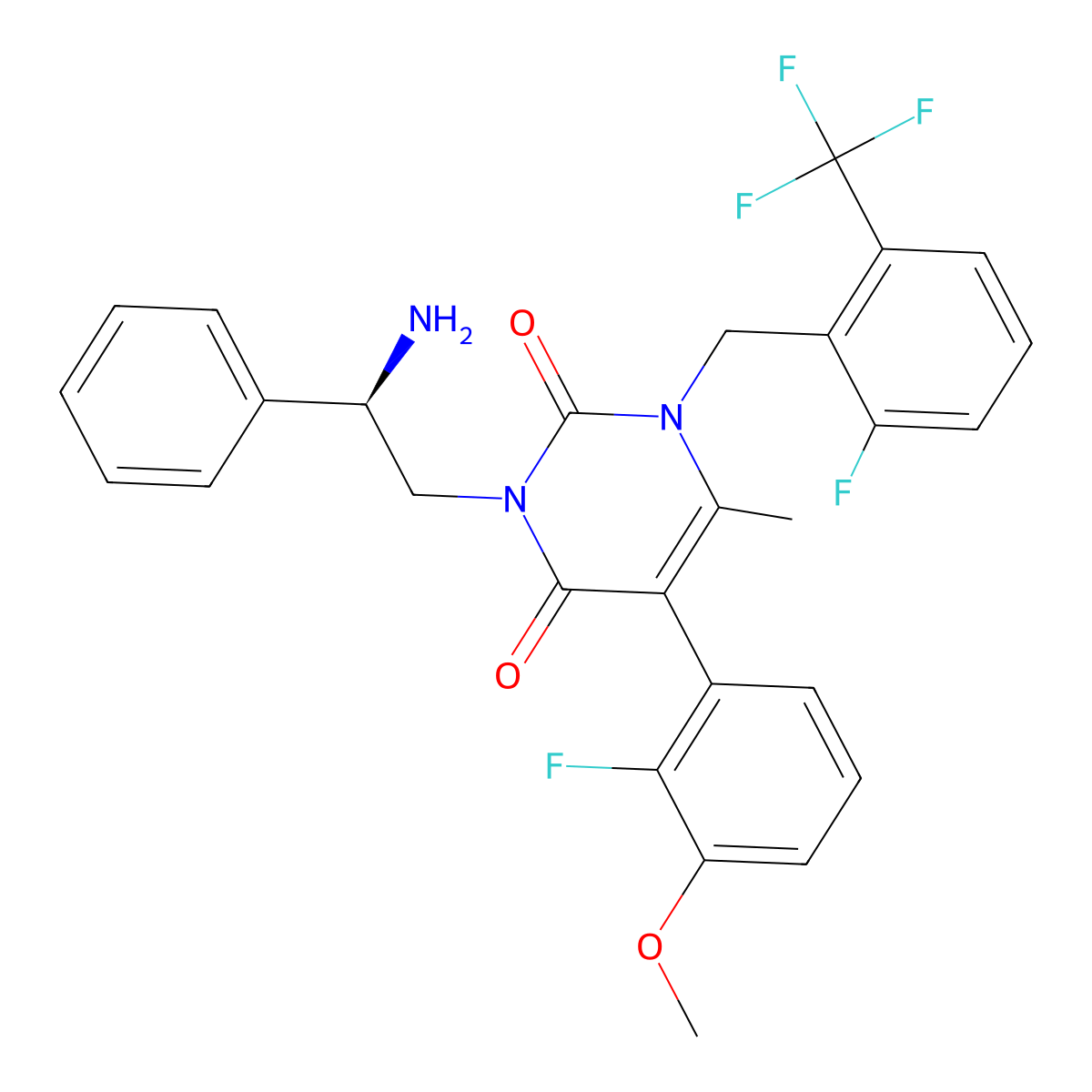 3-((R)-2-Amino-2-phenylethyl)-5-(2-fluoro-3-methoxyphenyl)-1-(2-fluoro-6-trifluoromethylbenzyl)-6-methyl-1H-pyrimidine-2,4-dione molecular structure, CAS 830346-50-4