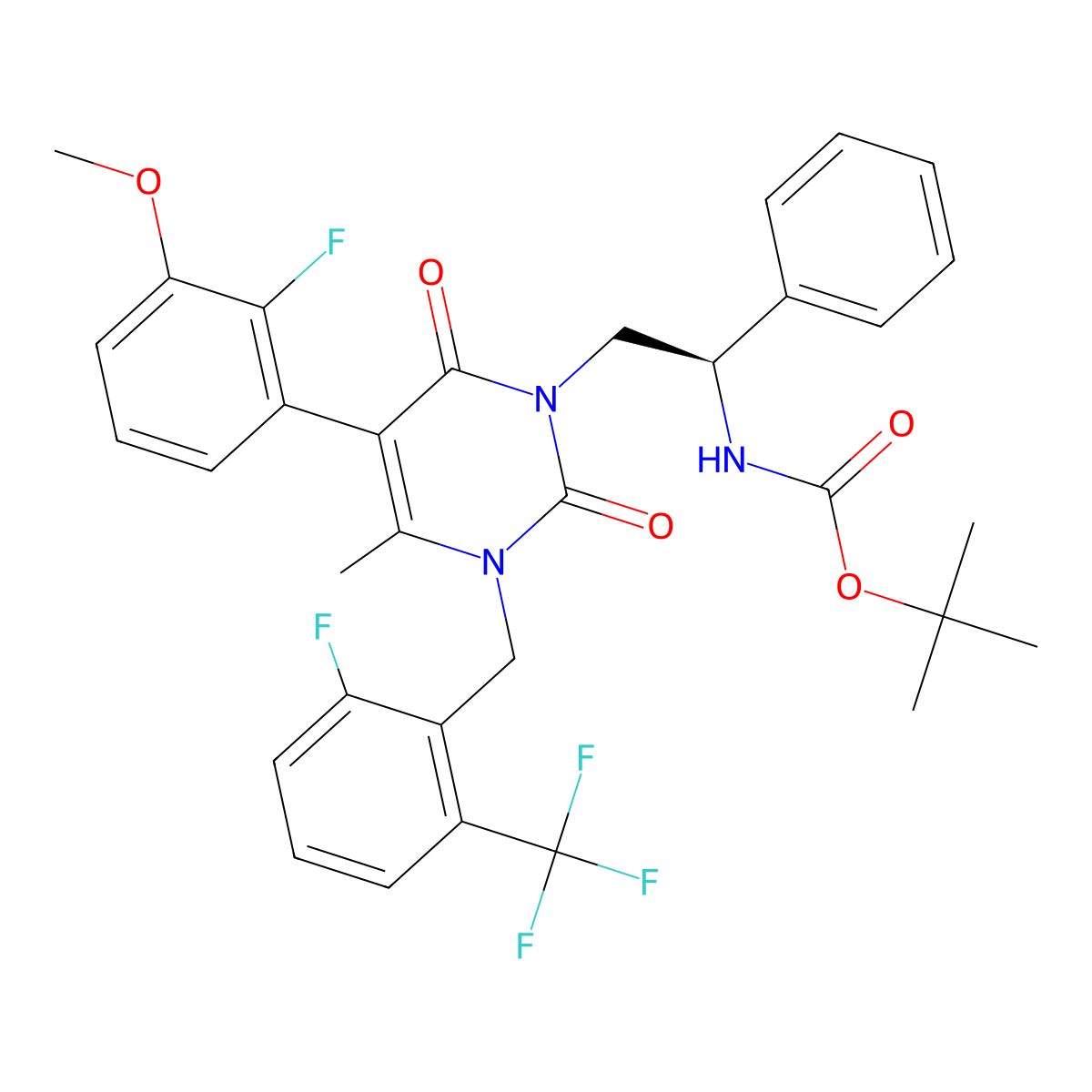 1,1-Dimethylethyl N-((1R)-2-(5-(2-fluoro-3-methoxyphenyl)-3-((2-fluoro-6-(trifluoromethyl)phenyl)methyl)-3,6-dihydro-4-methyl-2,6-dioxo-1(2H)-pyrimidinyl)-1-phenylethyl)carbamate molecular structure, CAS 830346-51-5