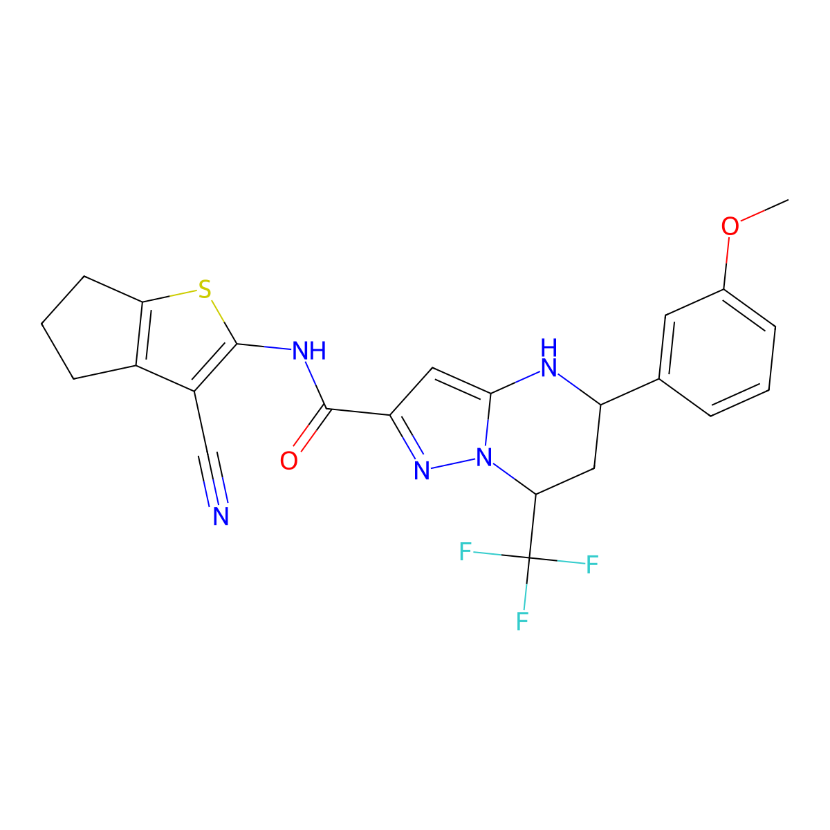 N-(3-cyano-5,6-dihydro-4H-cyclopenta[b]thiophen-2-yl)-5-(3-methoxyphenyl)-7-(trifluoromethyl)-4,5,6,7-tetrahydropyrazolo[1,5-a]pyrimidine-2-carboxamide molecular structure, CAS 830348-44-2