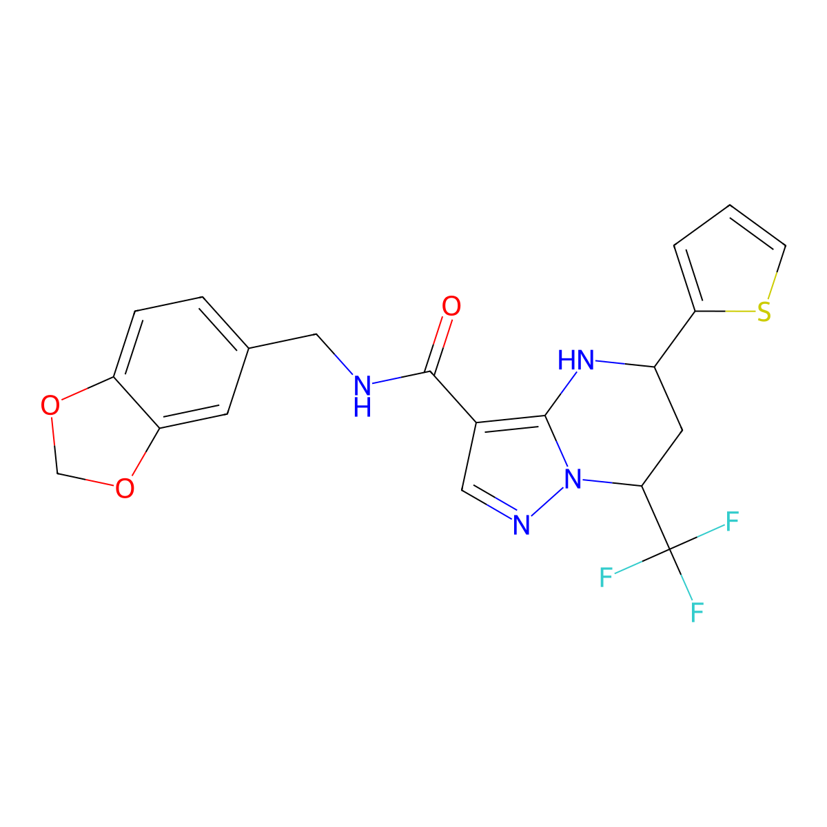 N-(1,3-benzodioxol-5-ylmethyl)-5-(thiophen-2-yl)-7-(trifluoromethyl)-4,5,6,7-tetrahydropyrazolo[1,5-a]pyrimidine-3-carboxamide molecular structure, CAS 830351-93-4