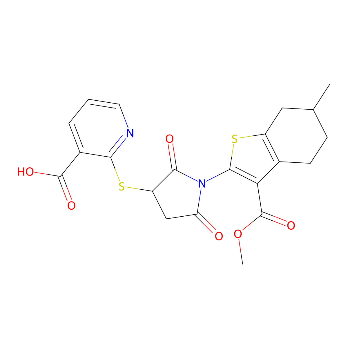 2-({1-[3-(Methoxycarbonyl)-6-methyl-4,5,6,7-tetrahydro-1-benzothiophen-2-yl]-2,5-dioxopyrrolidin-3-yl}sulfanyl)pyridine-3-carboxylic acid molecular structure, CAS 830352-05-1