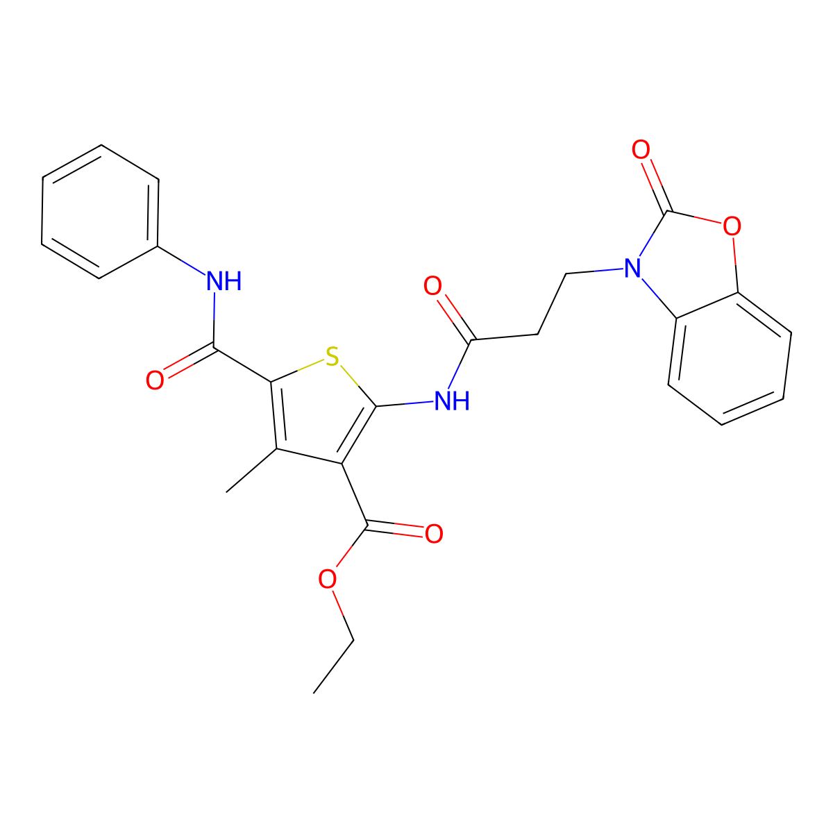 ethyl 4-methyl-2-{[3-(2-oxo-1,3-benzoxazol-3(2H)-yl)propanoyl]amino}-5-(phenylcarbamoyl)thiophene-3-carboxylate molecular structure, CAS 830352-23-3