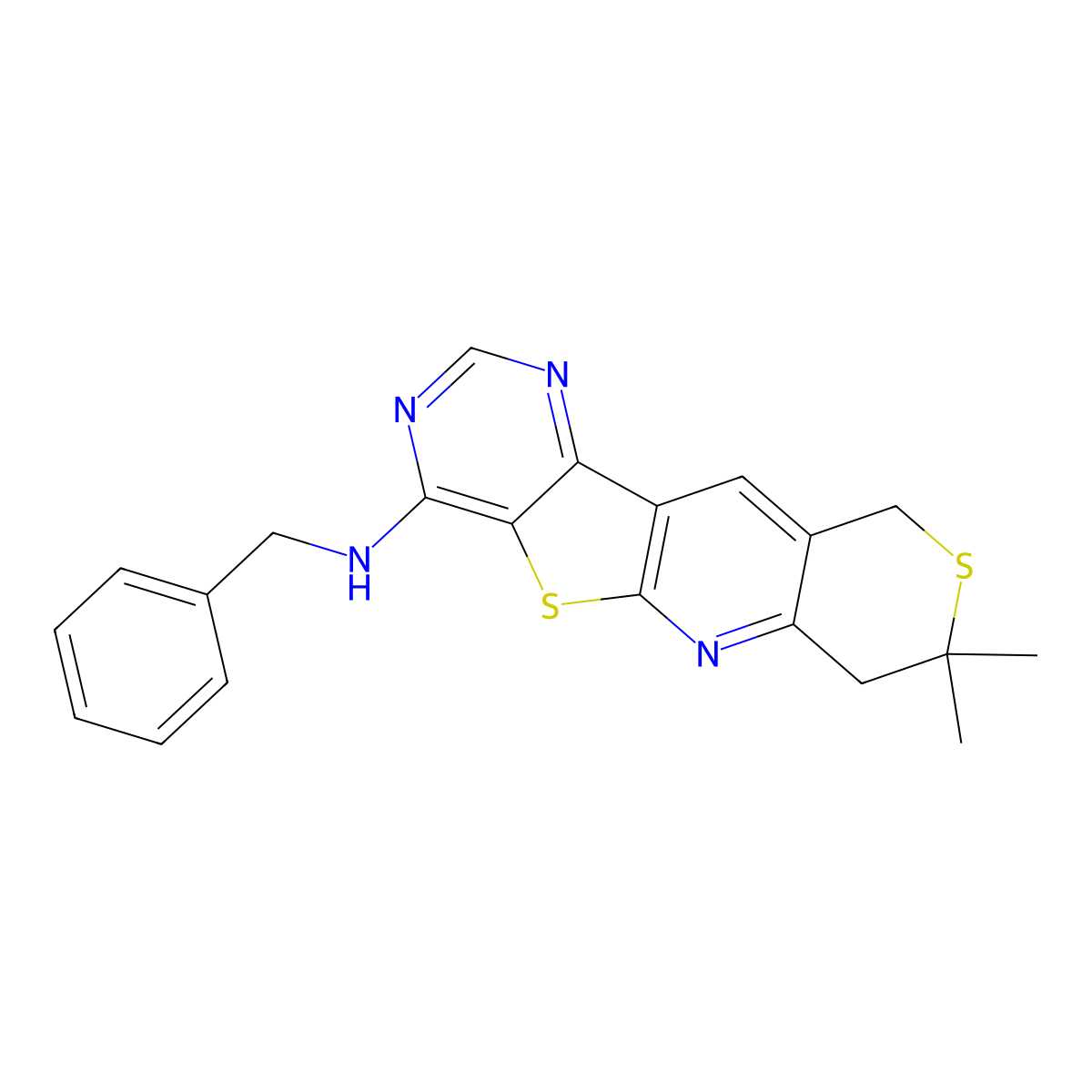 N-benzyl-8,8-dimethyl-8,10-dihydro-7H-thiopyrano[3'',4'':5',6']pyrido[3',2':4,5]thieno[3,2-d]pyrimidin-4-amine molecular structure, CAS 830352-72-2