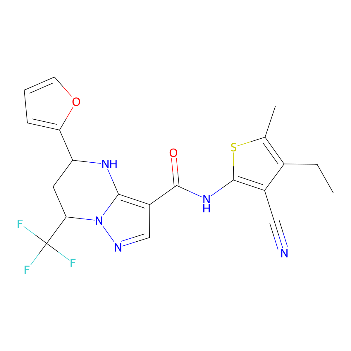 N-(3-cyano-4-ethyl-5-methylthiophen-2-yl)-5-(furan-2-yl)-7-(trifluoromethyl)-4,5,6,7-tetrahydropyrazolo[1,5-a]pyrimidine-3-carboxamide molecular structure, CAS 831177-37-8